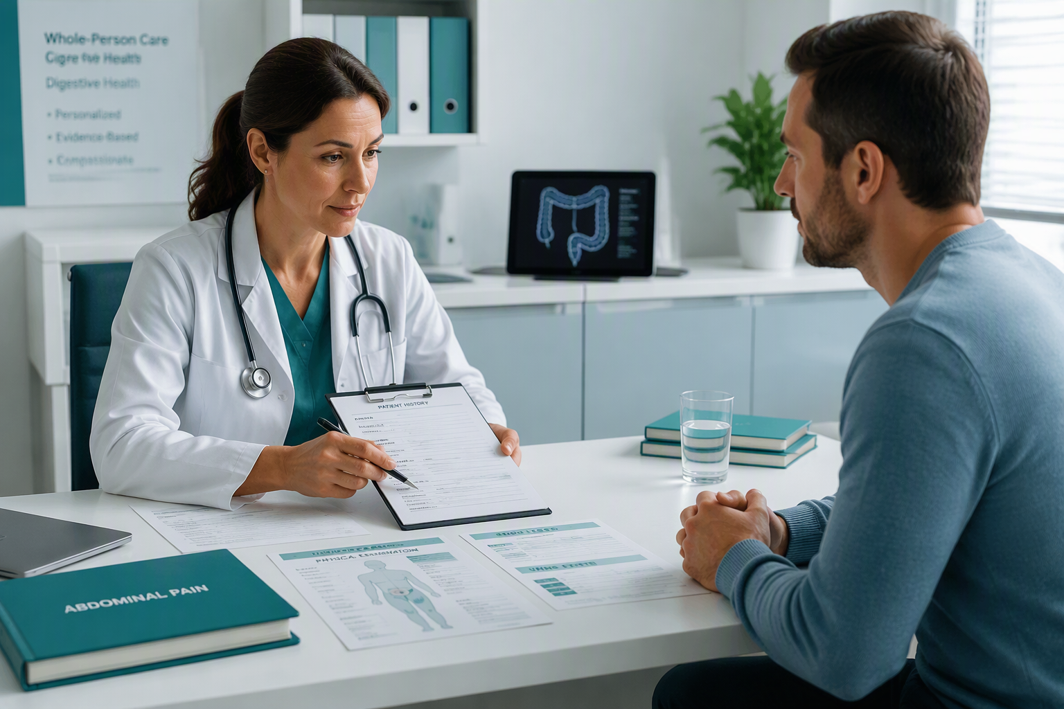 Clinician workup for IBS or diverticulitis with exam notes and colon imaging
