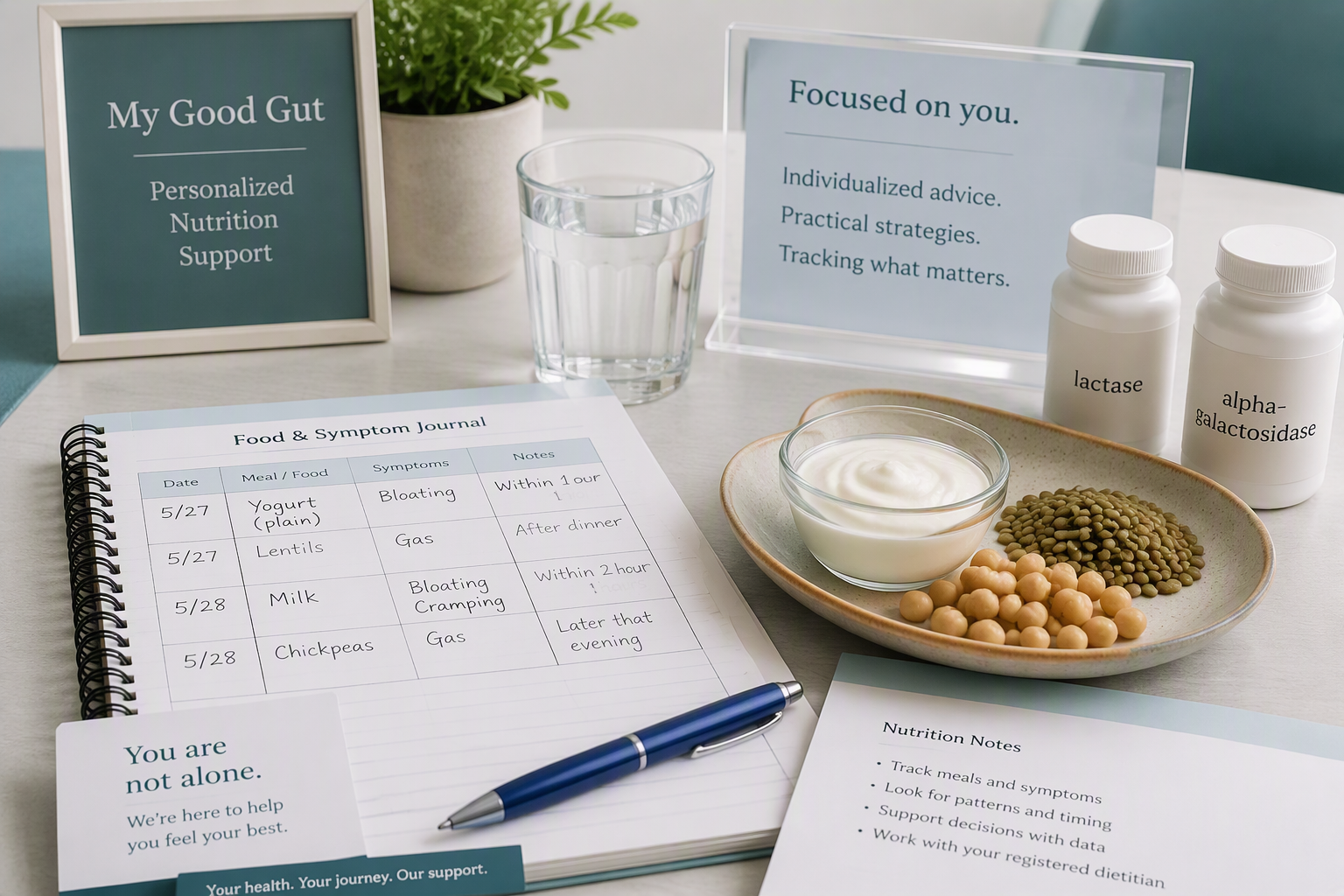 IBS enzyme guidance with lactase, alpha-galactosidase, and personalized symptom tracking