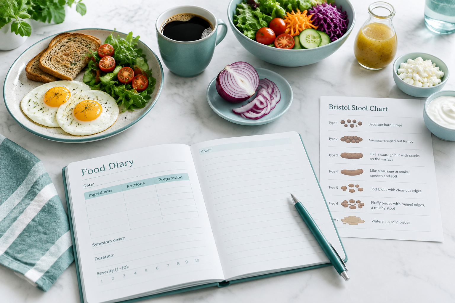 Food diary tracking ingredients, portions, symptoms, and Bristol Stool Chart details