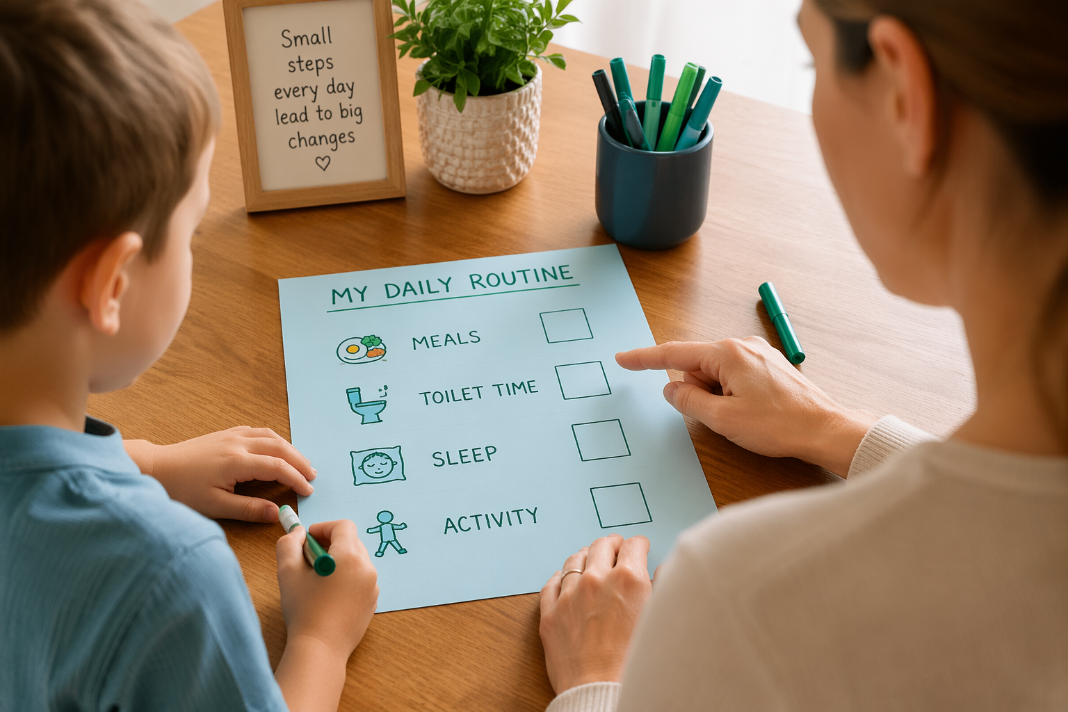 Parent and child making a routine and symptom chart to track pediatric IBS triggers and patterns