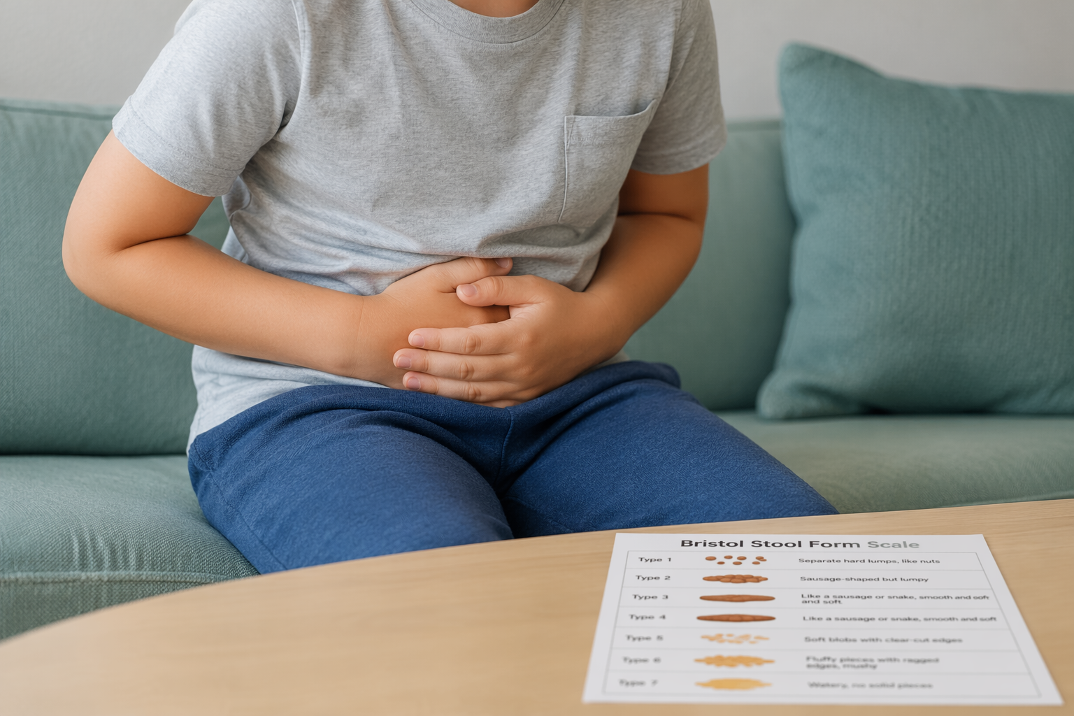 Child holding abdomen showing common pediatric IBS symptoms like pain and bloating