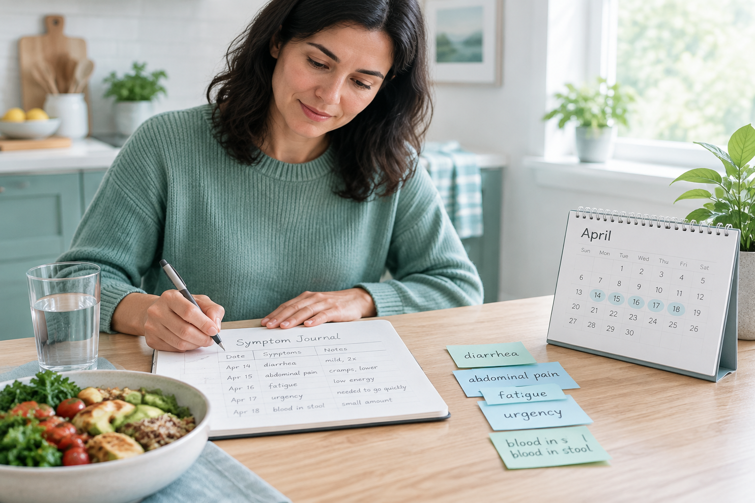 Adult tracking IBD symptoms including diarrhea, abdominal pain, fatigue, and urgency