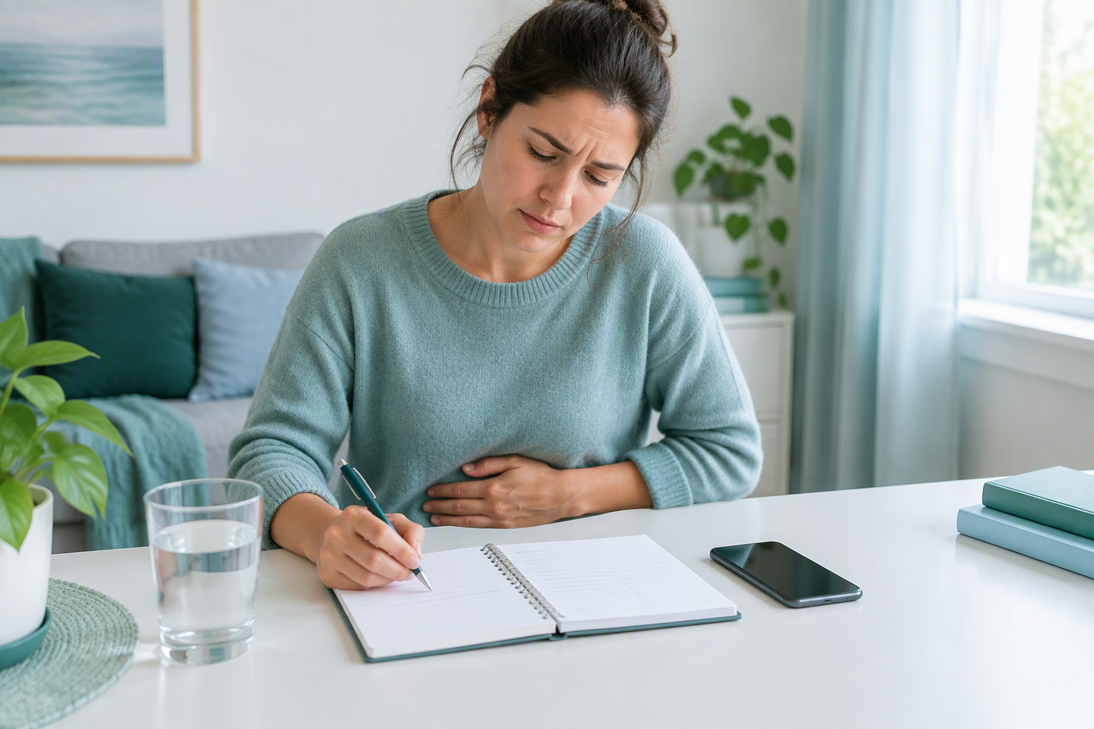 Adult tracking ulcerative colitis symptoms including urgency, cramping, bleeding, and fatigue