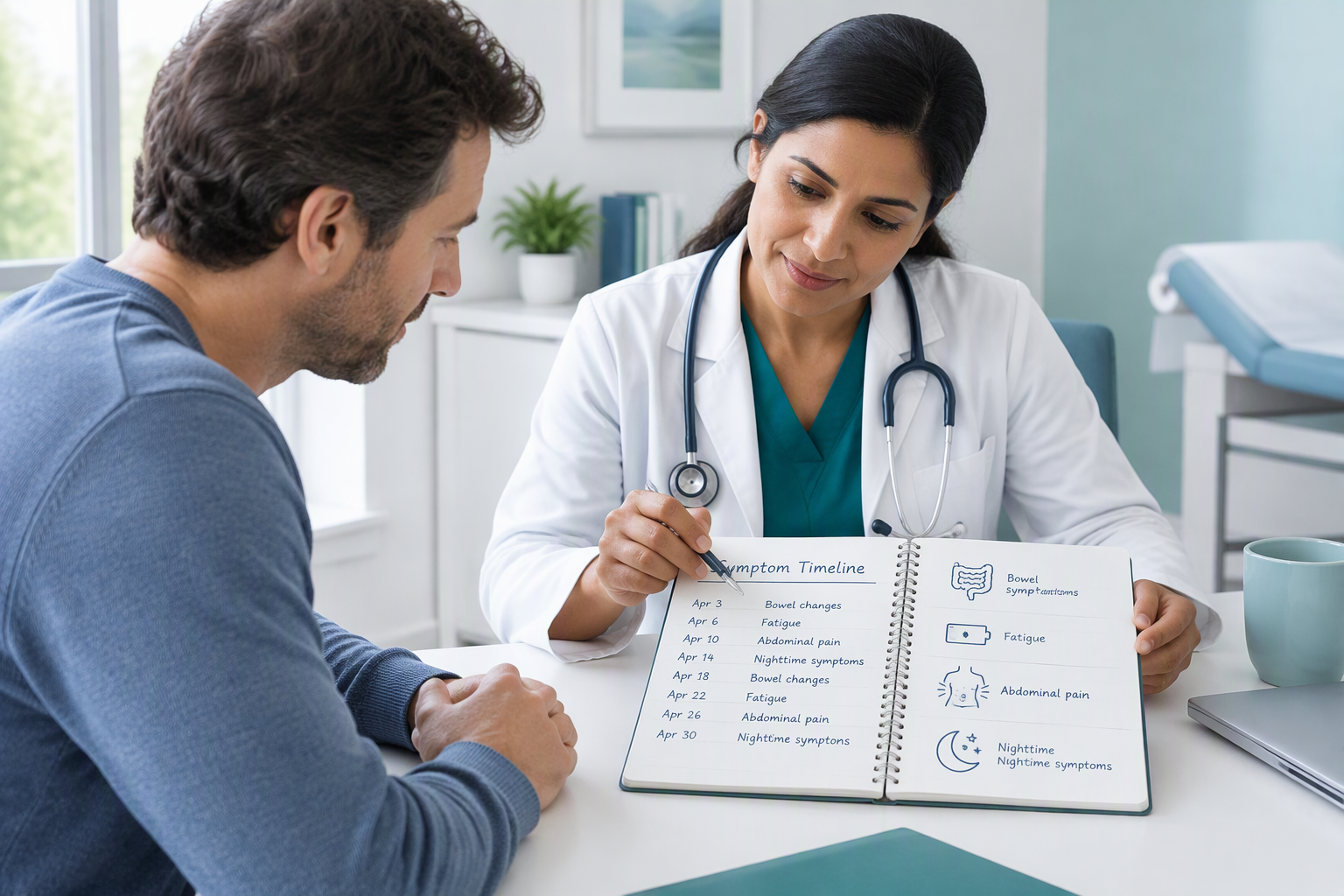 Patient discusses IBD symptoms and evaluation with a gastroenterologist