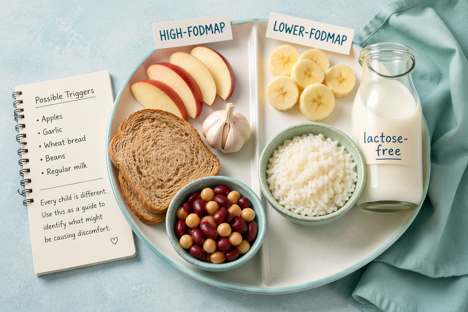 Plate comparing high-FODMAP trigger foods and low-FODMAP alternatives for children with IBS