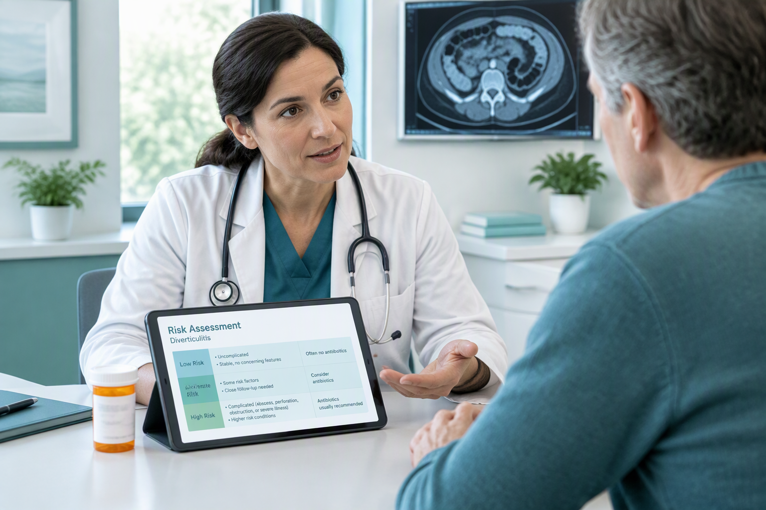 Clinician discussing selective antibiotics for higher-risk diverticulitis