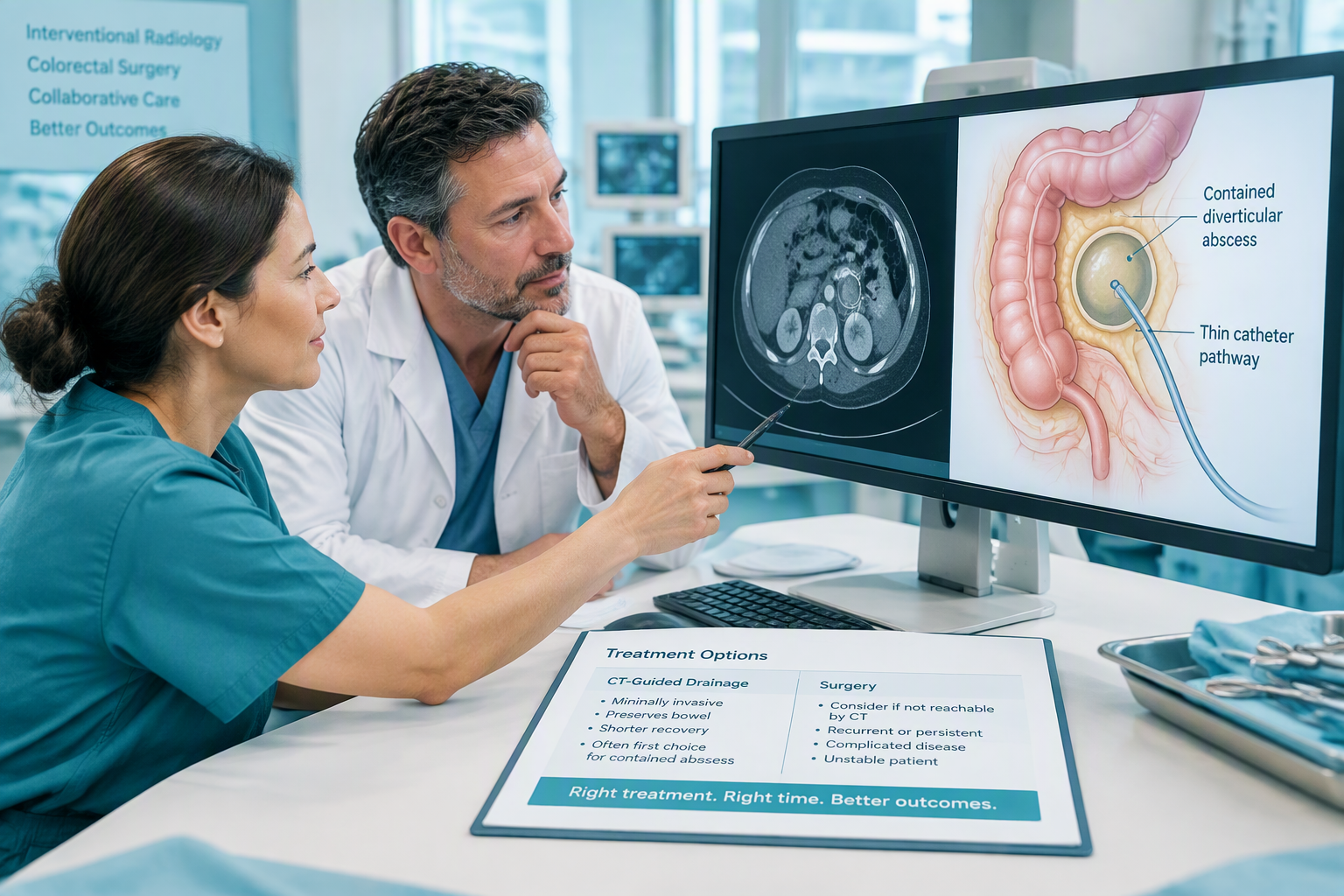 CT-guided drainage and surgery options for complicated diverticulitis