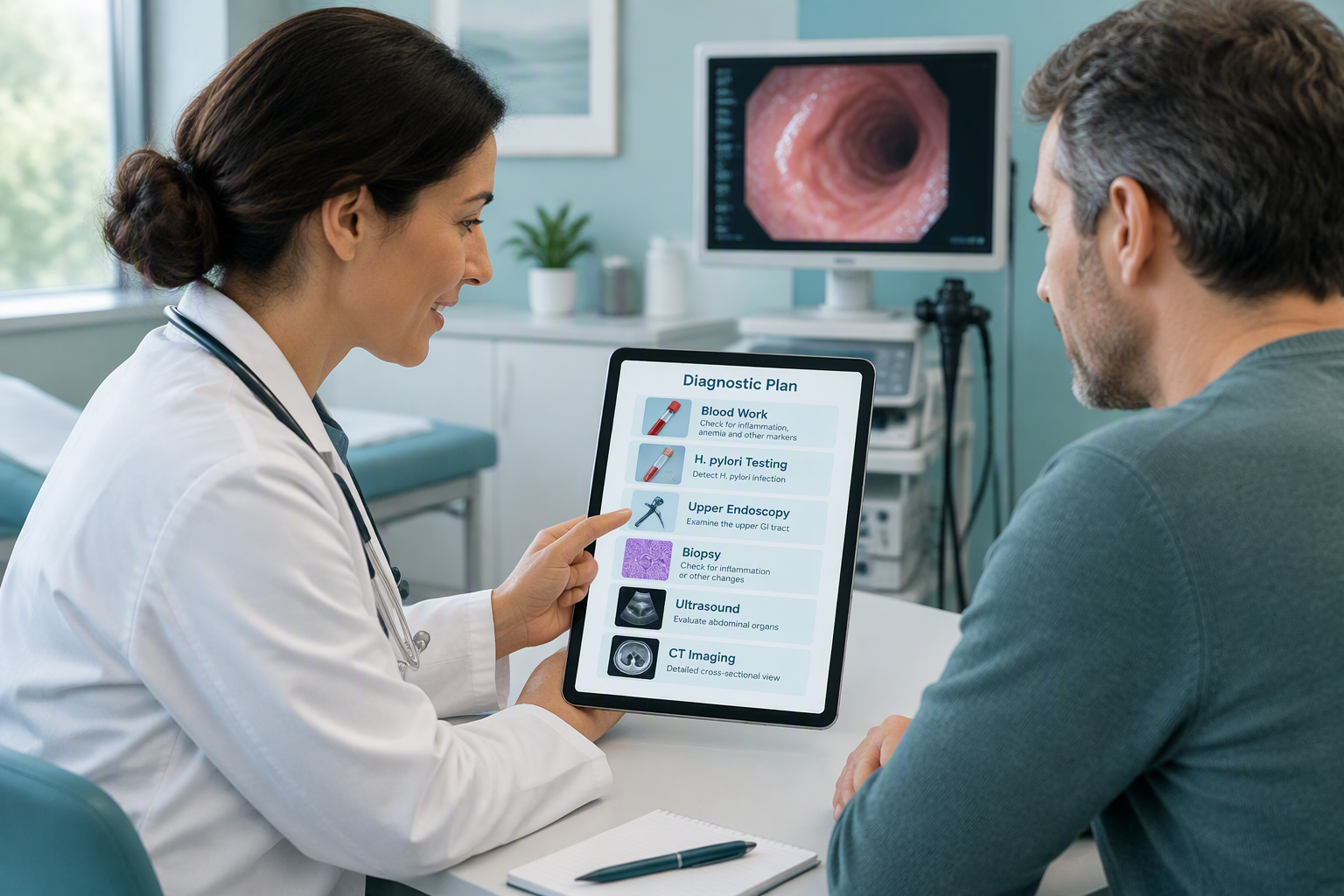 Functional dyspepsia evaluation with endoscopy, blood tests, and imaging