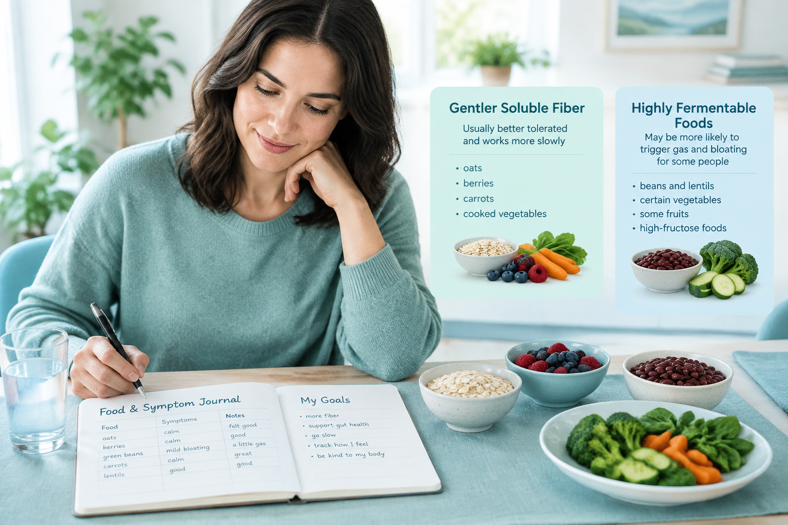 Food and symptom journal for adjusting fiber gradually with IBS and bloating