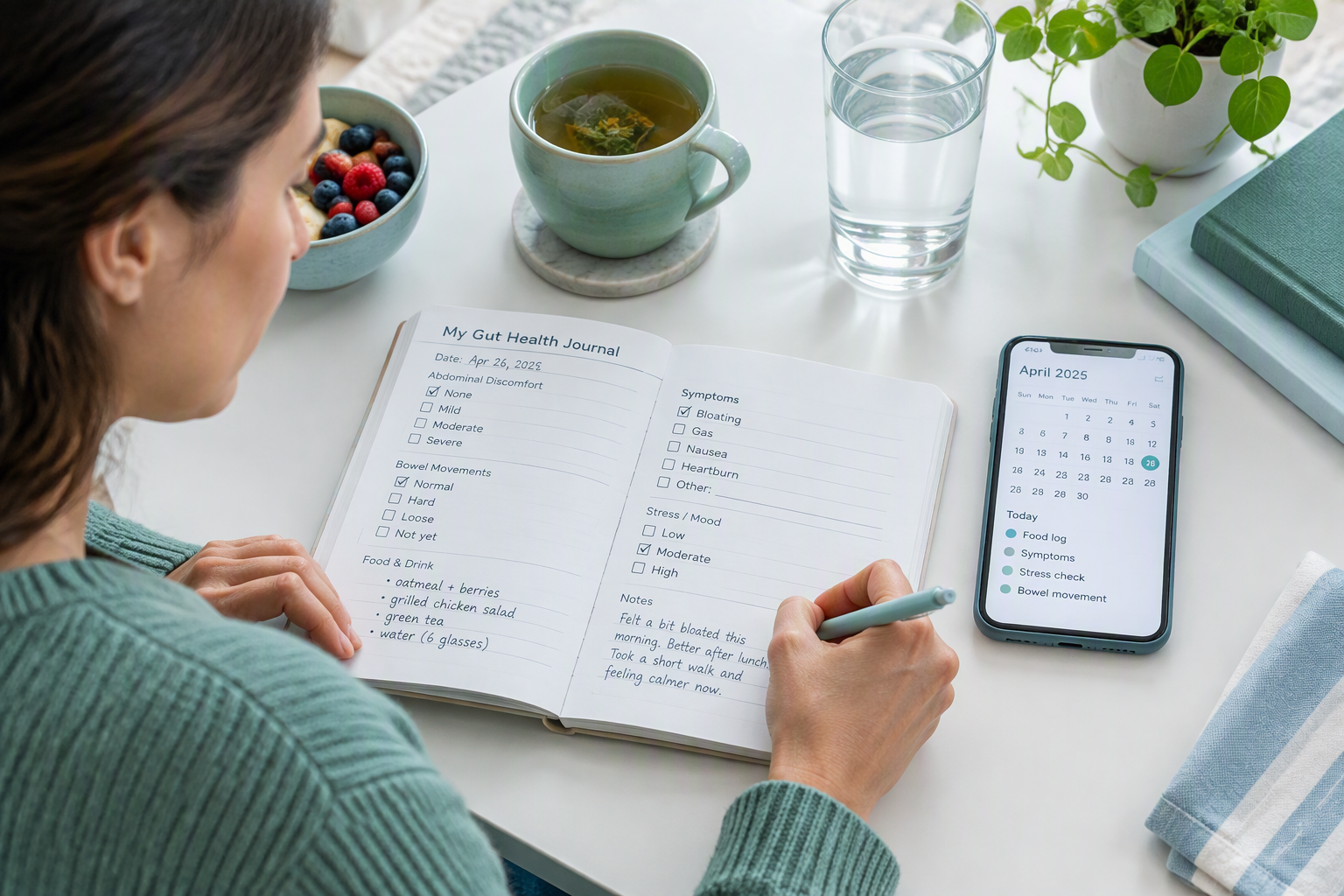 Symptom journal tracking IBS-C abdominal pain, constipation, bloating, and bowel movements