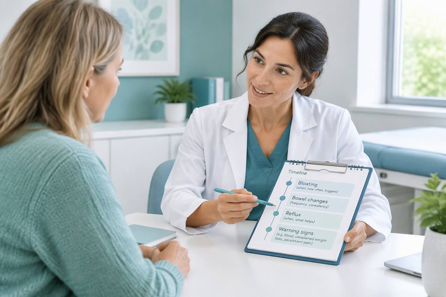 Clinician discussing persistent digestive symptoms and gut health testing