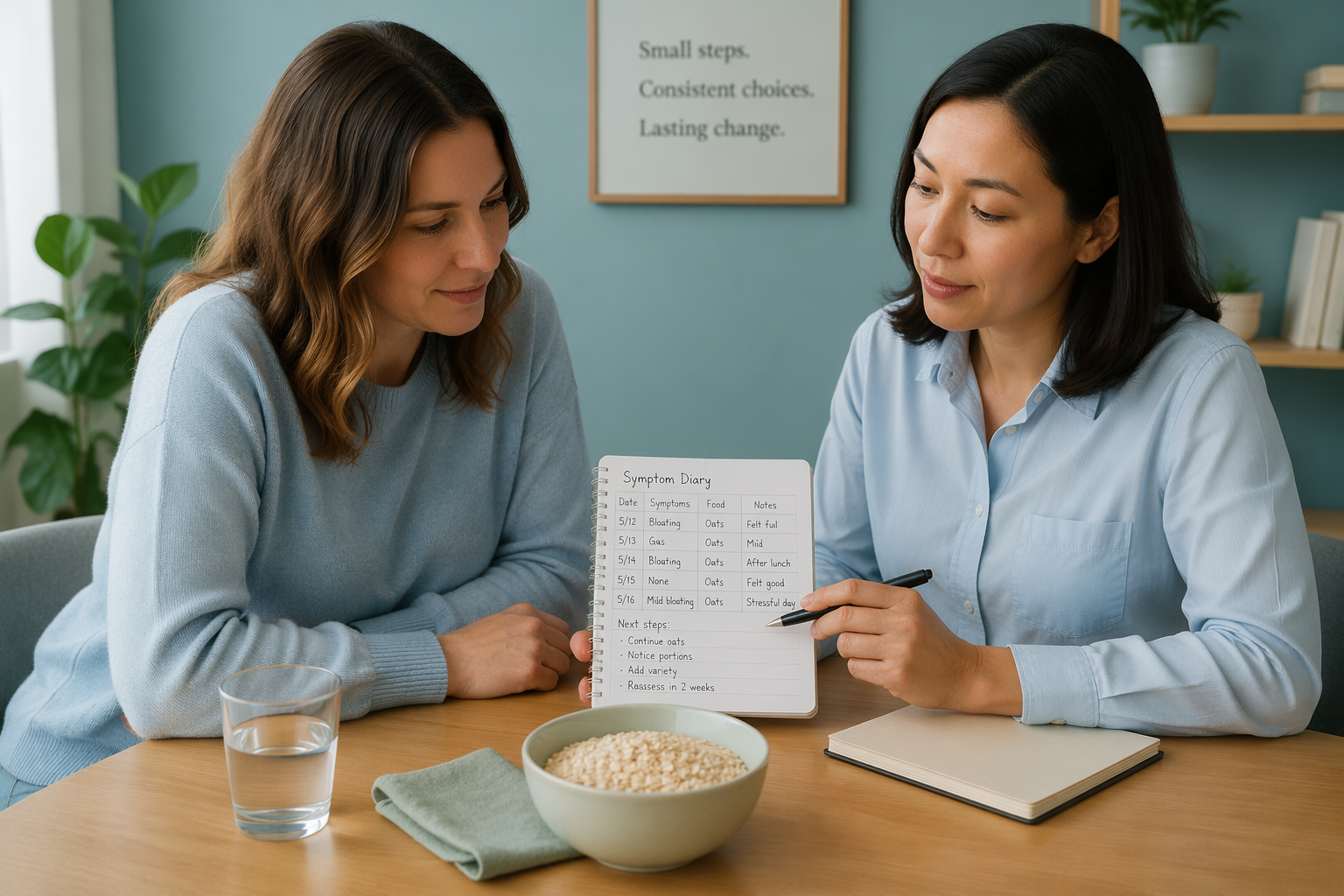Patient consulting with clinician over symptom diary and oats, discussing red flags