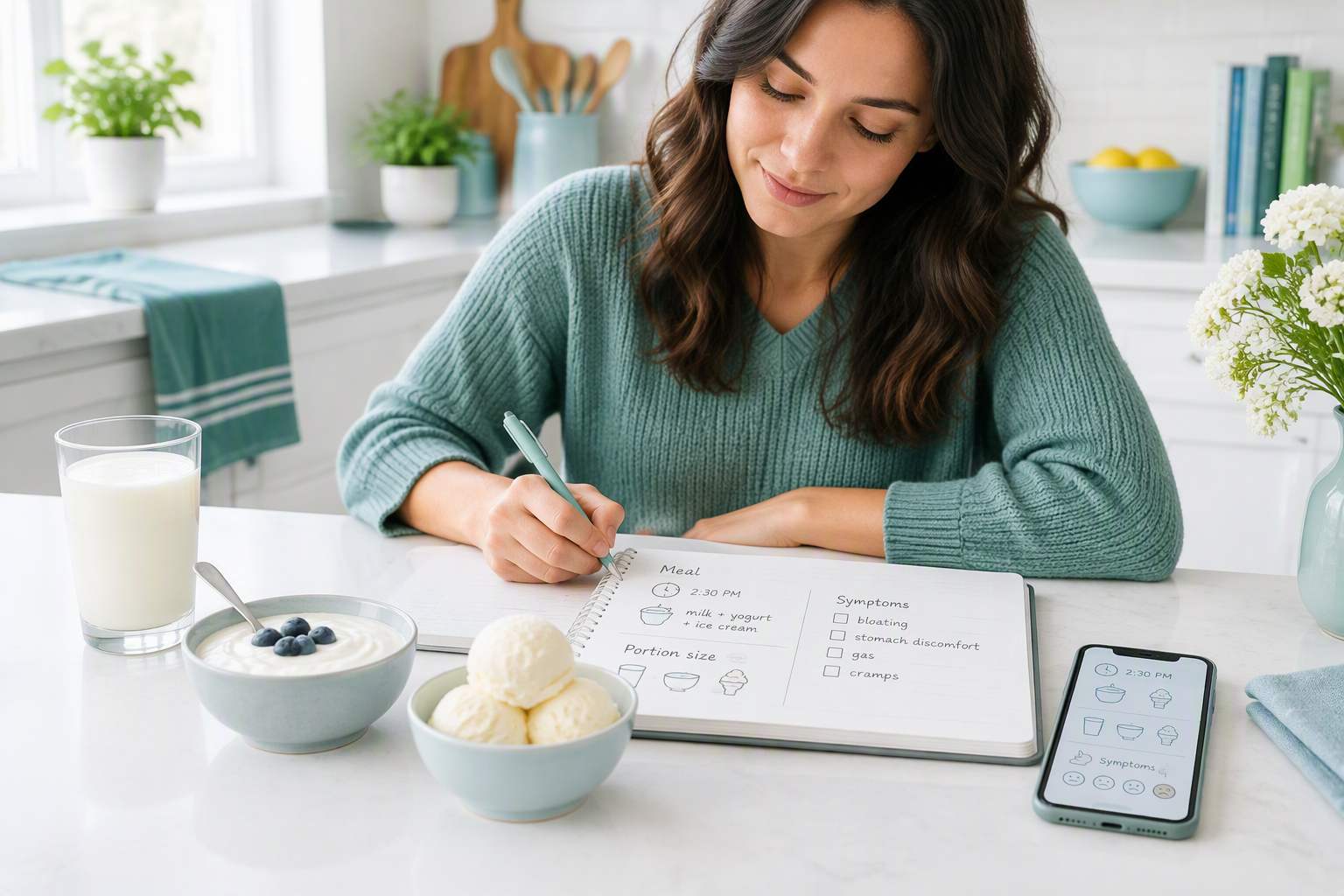 Food diary tracking lactose intolerance symptoms after dairy