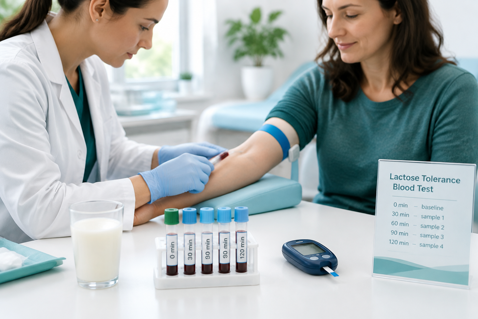 Lactose tolerance blood test measuring glucose after a lactose drink