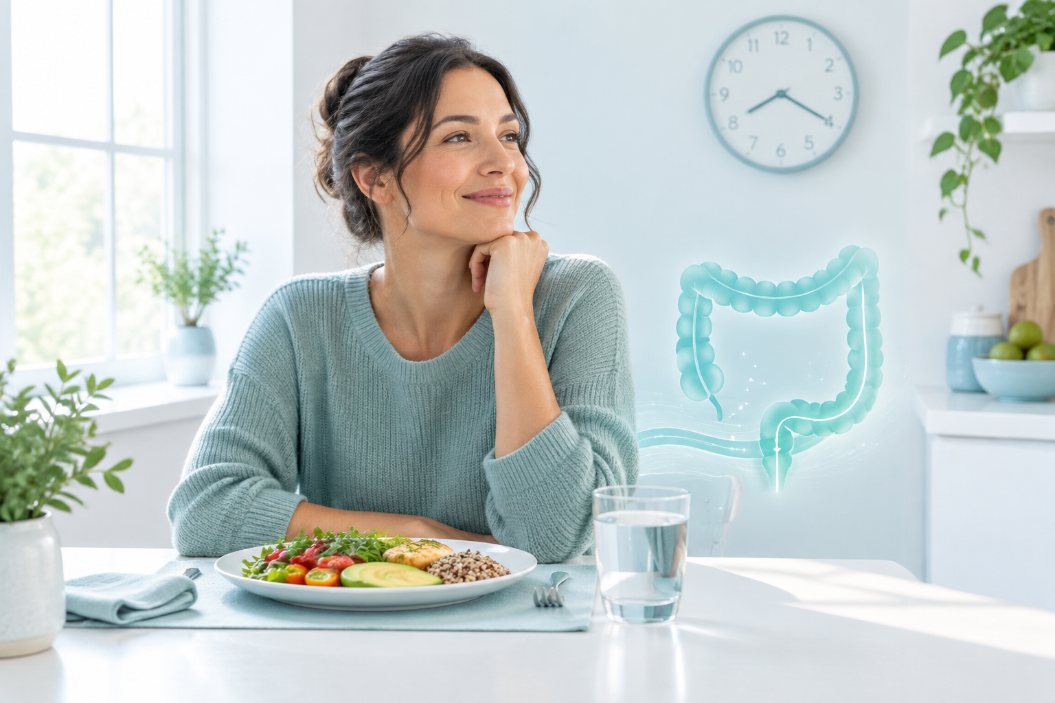 Normal post-meal bowel urge during a calm morning breakfast routine