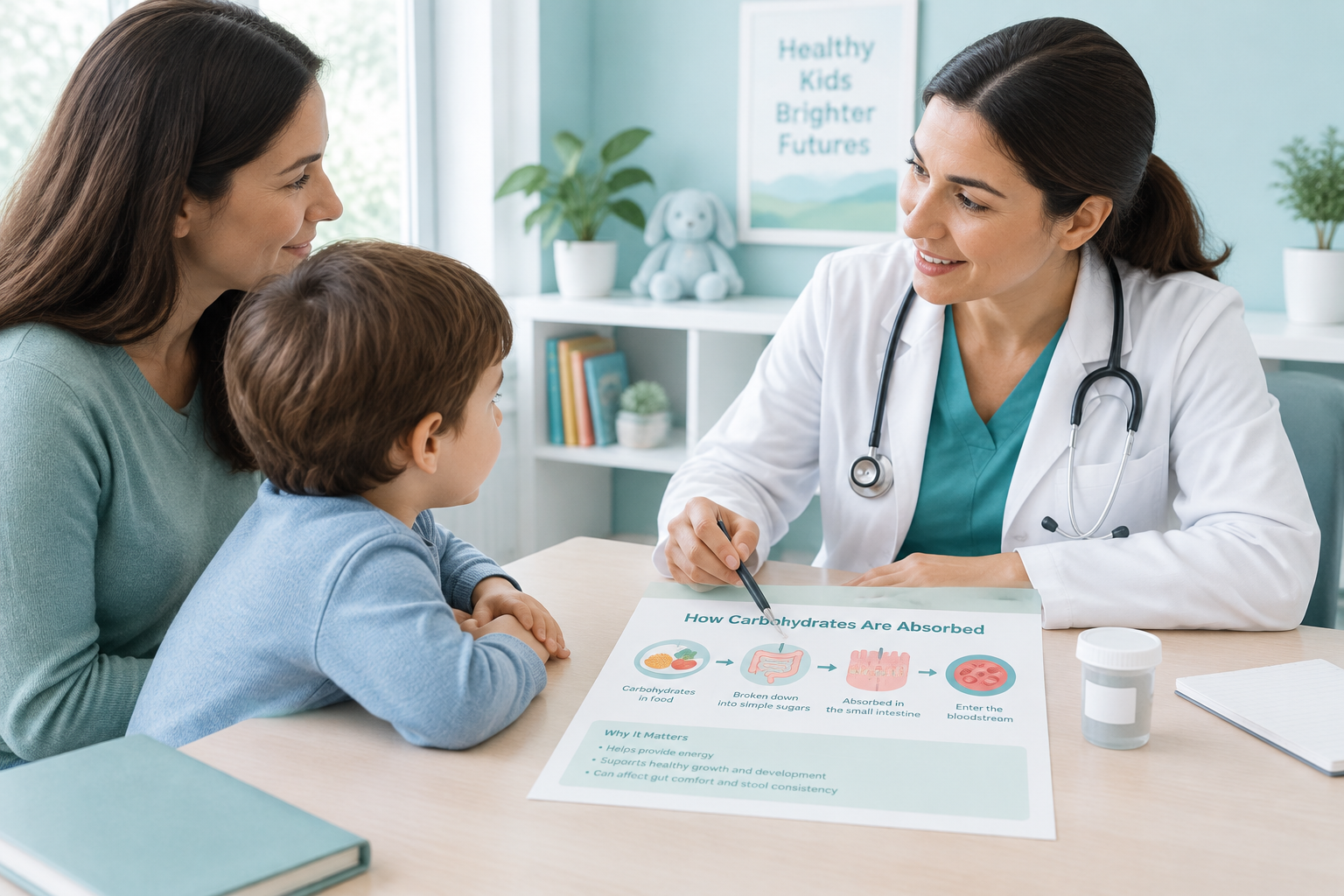 Pediatric clinician discussing stool acidity testing for lactose malabsorption