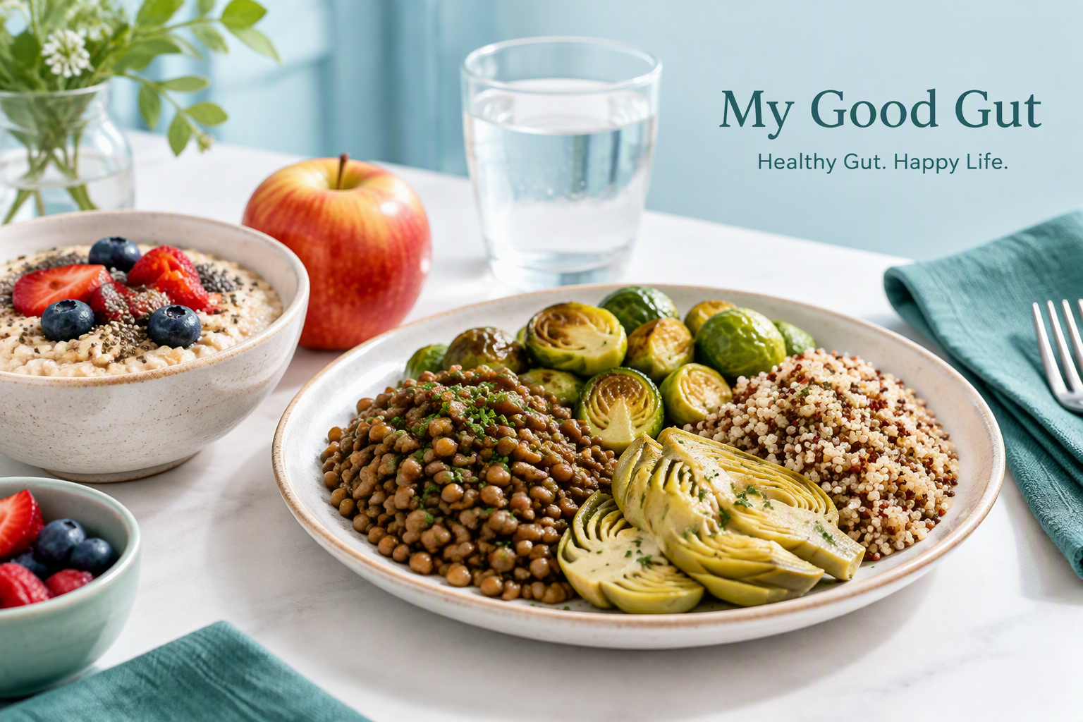 High-fiber foods including oats, berries, lentils, vegetables, and whole grains