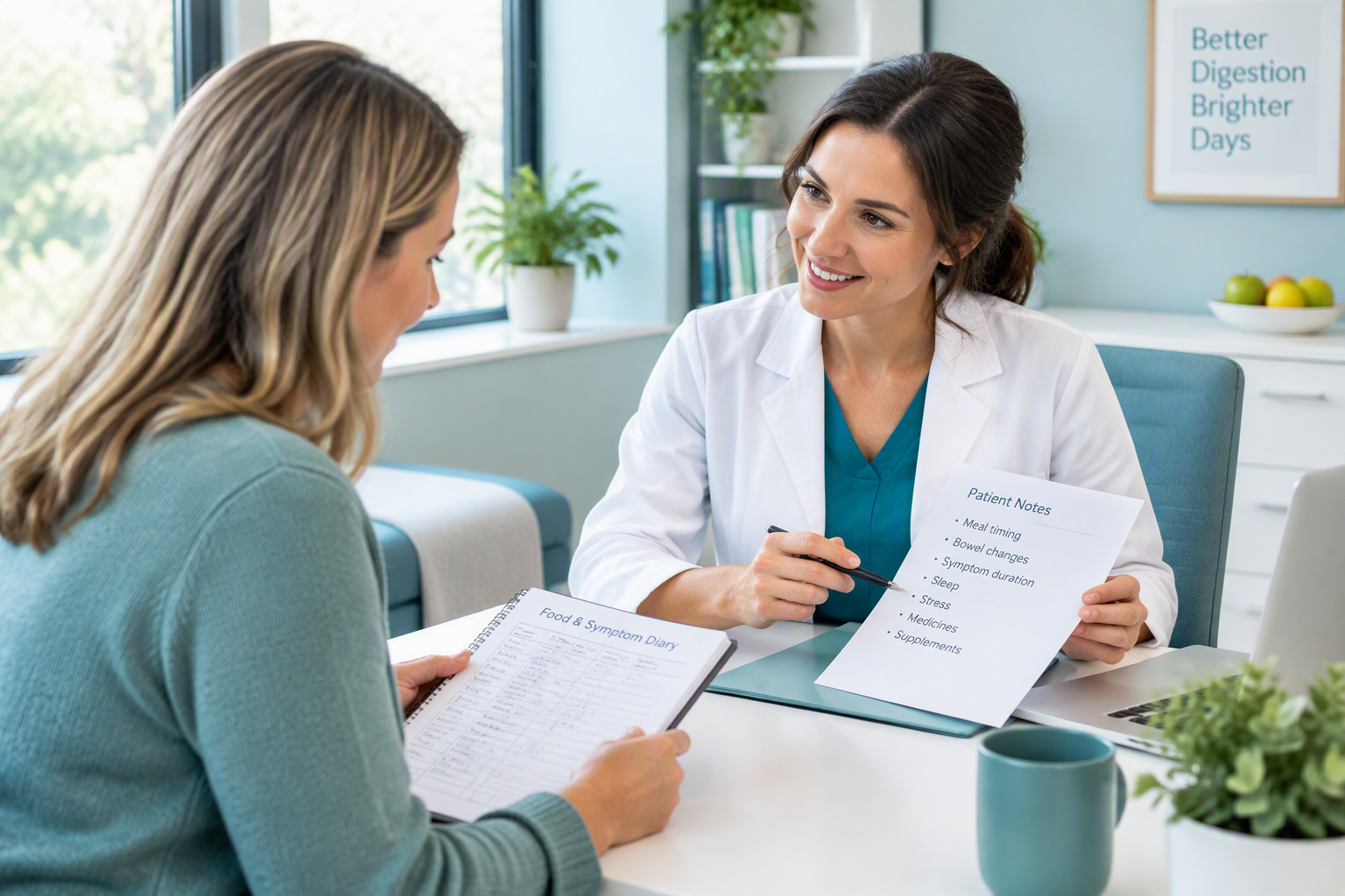 Patient reviewing a food symptom diary with a registered dietitian