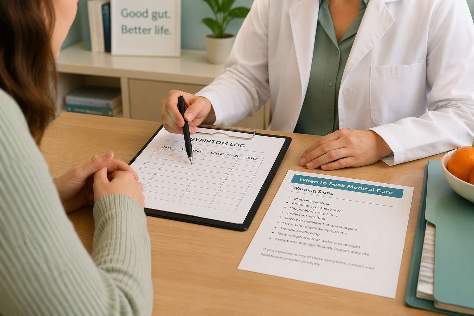 Patient and clinician reviewing symptom log and warning signs for IBS and tomatoes