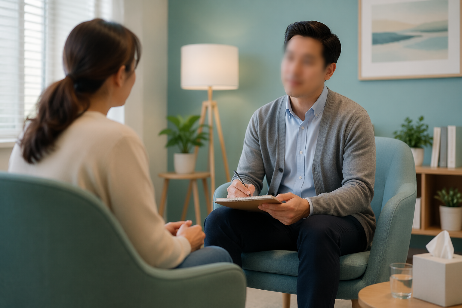 Patient consulting a clinician about alcohol and IBS symptoms, seeking help