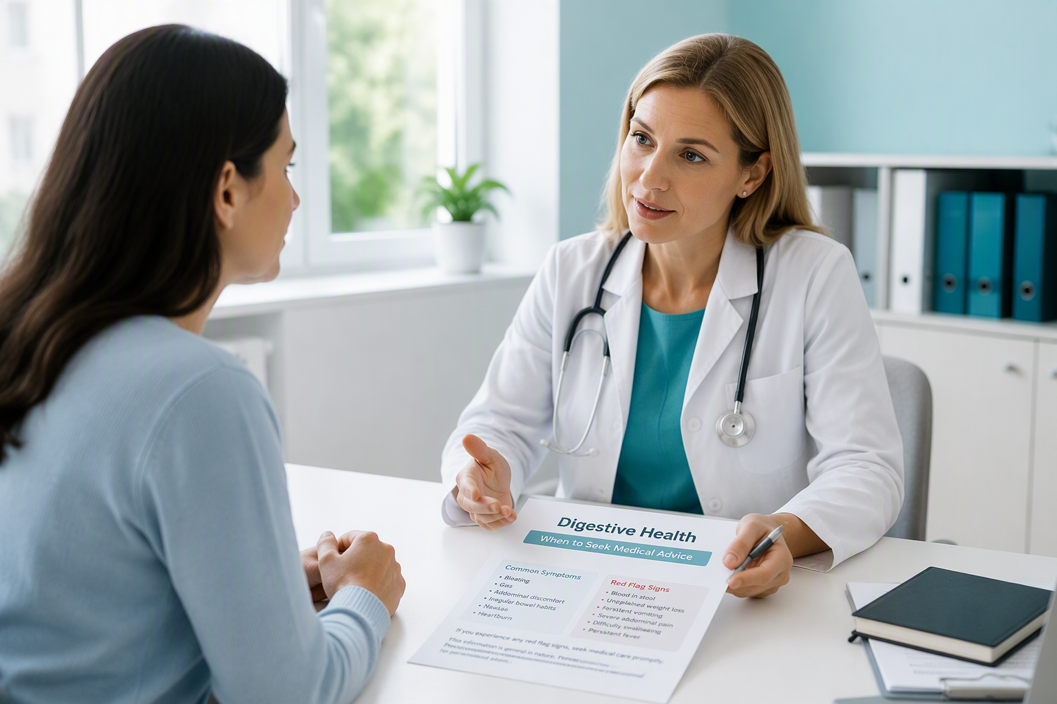Patient discussing probiotic safety and digestive warning signs with a healthcare professional