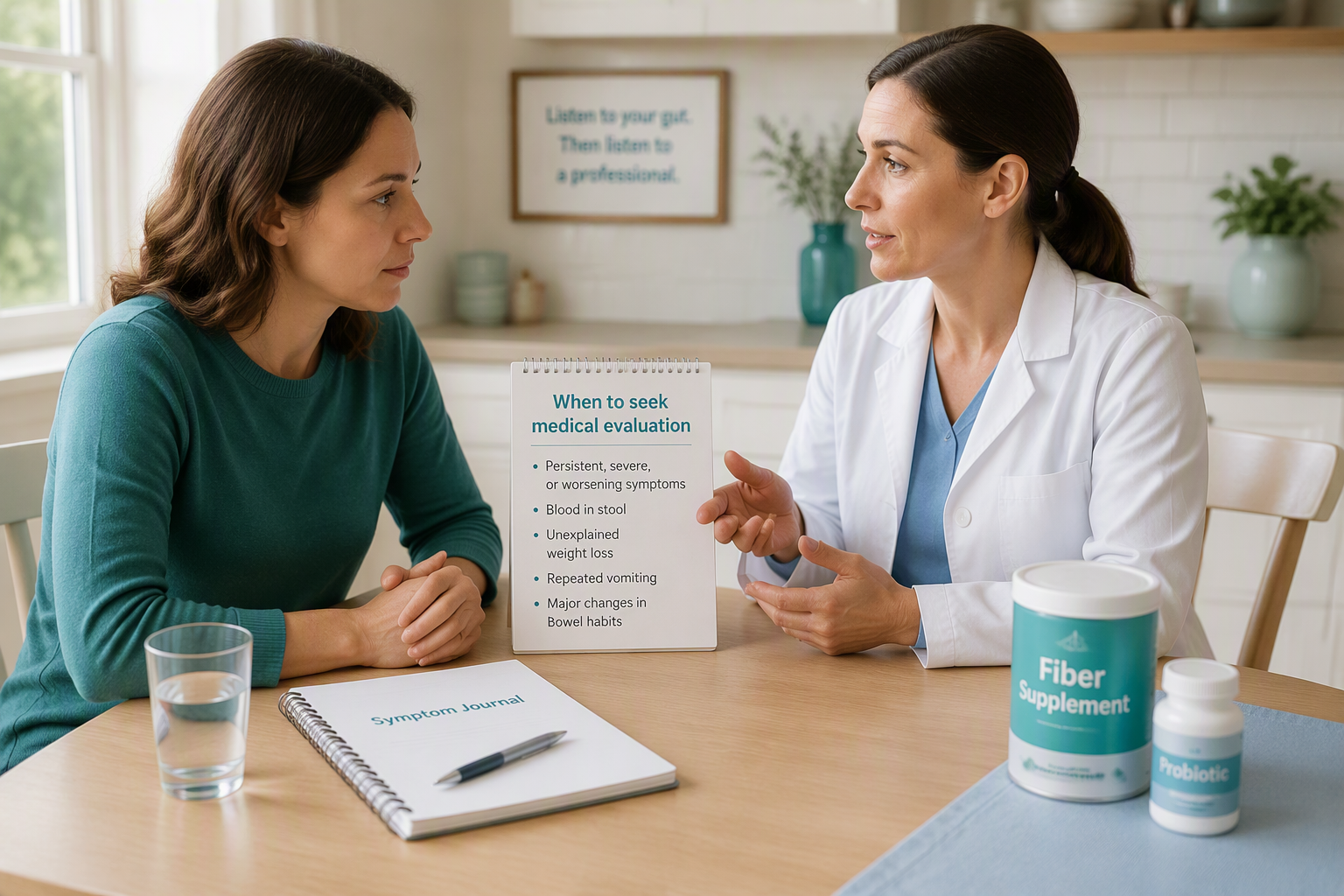 Healthcare consultation for digestive symptoms before choosing probiotics or other supplements