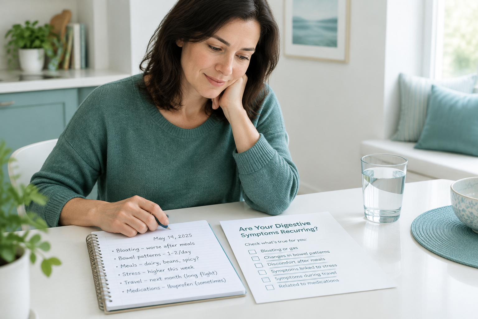 Adult reviewing recurring digestive symptoms before deciding on gut health testing