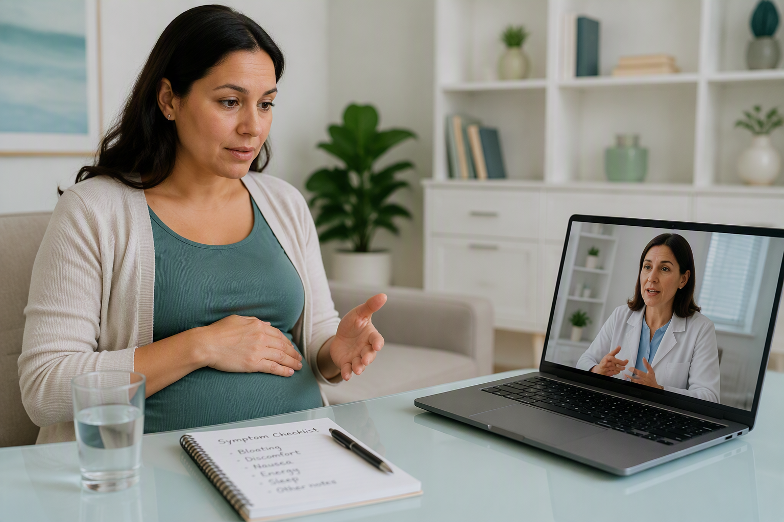 Pregnant adult discussing severe or worsening IBS symptoms with a healthcare professional