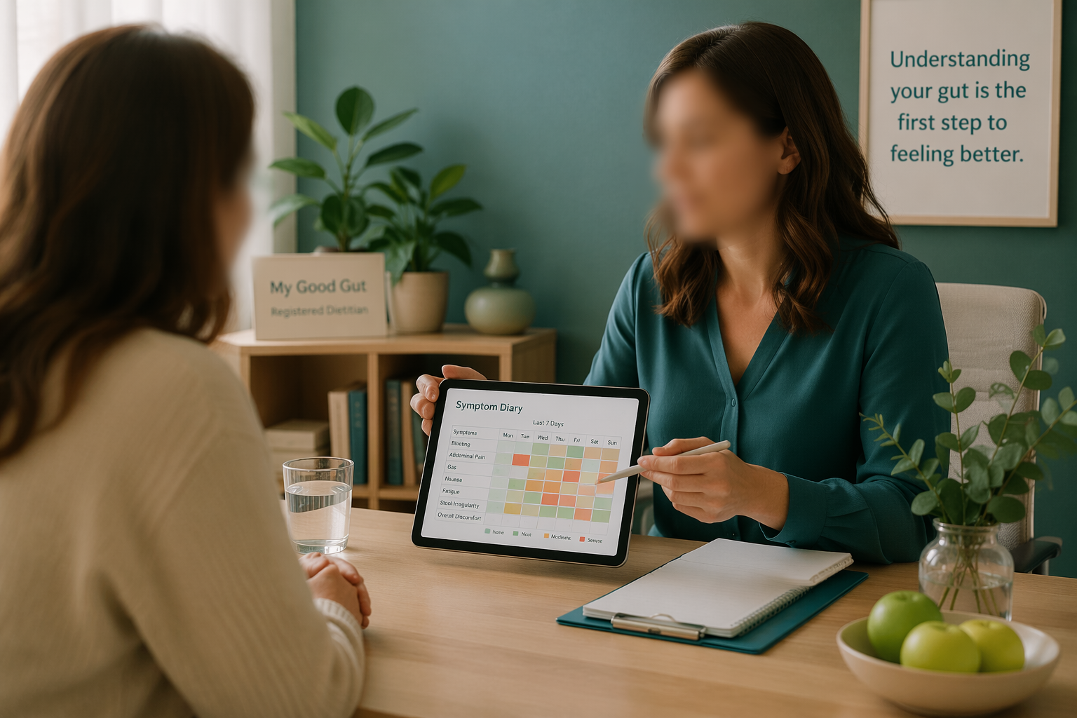 Patient and dietitian reviewing a symptom diary together, signalling professional advice for IBS and coffee