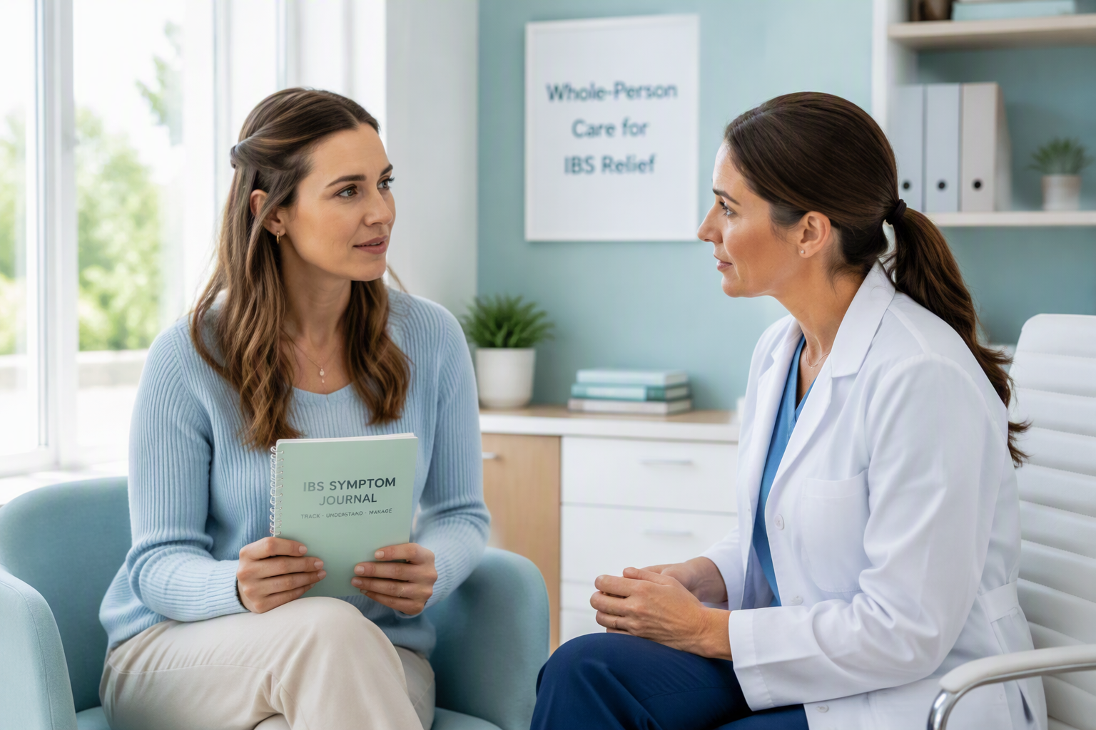 Clinician and patient discussing IBS symptoms, bathroom anxiety, and support options