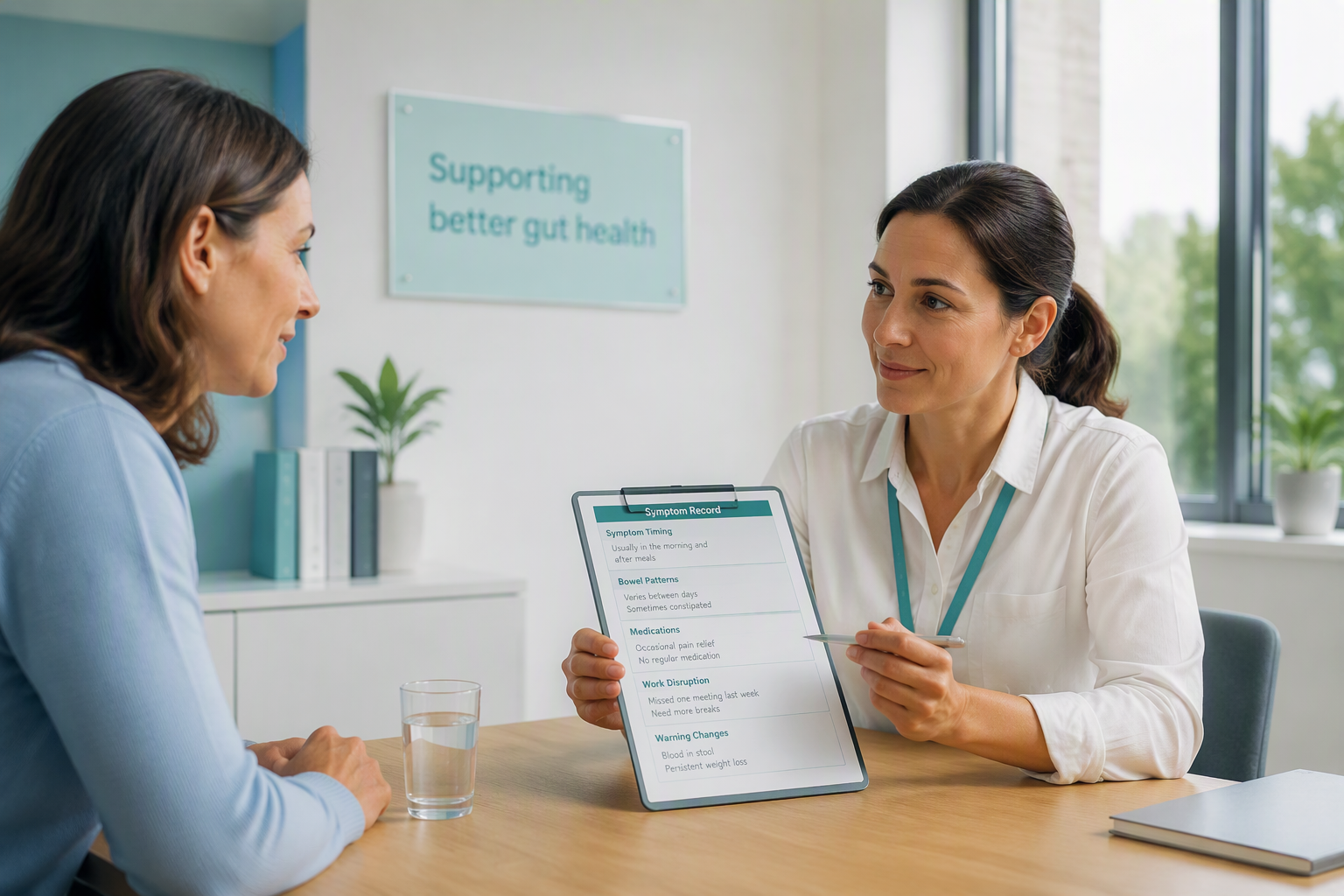 Patient reviewing IBS symptoms and work disruption with a healthcare professional