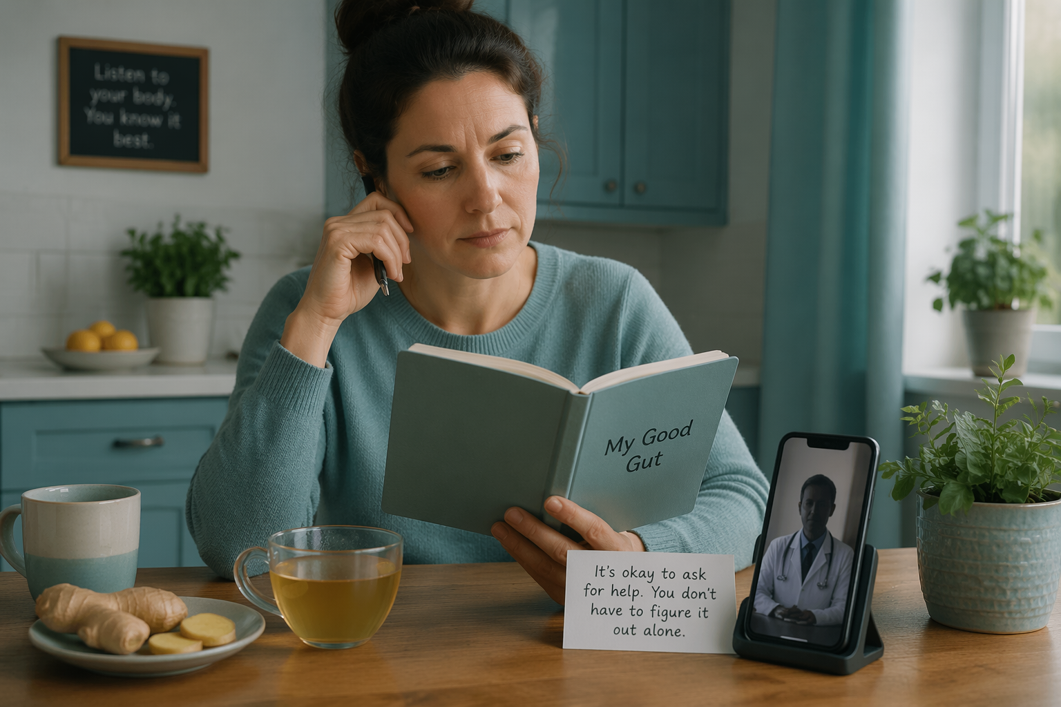 Person reviewing symptoms with ginger tea present, signaling when to stop ginger and seek help