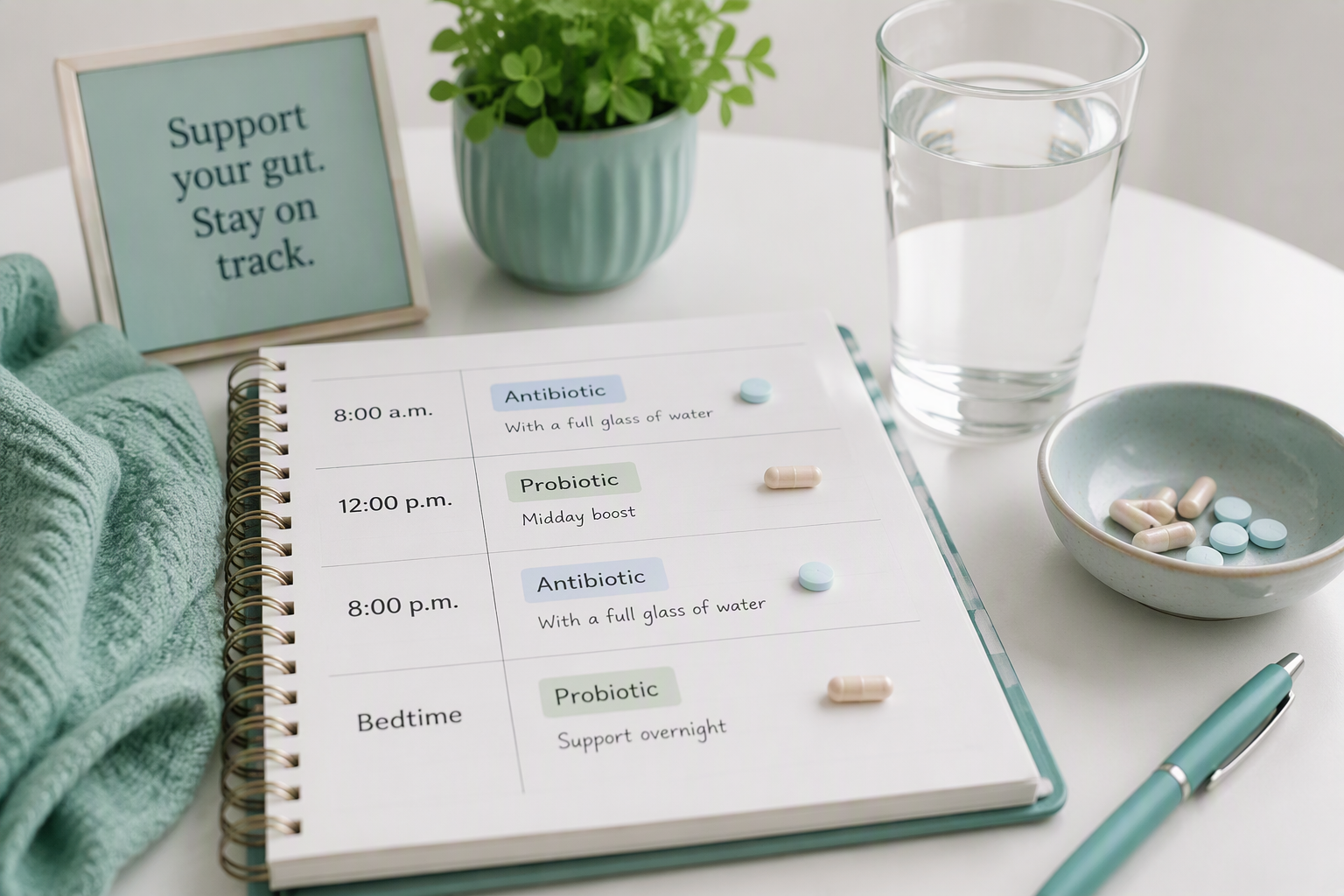 Probiotic timing schedule showing separation from antibiotic doses