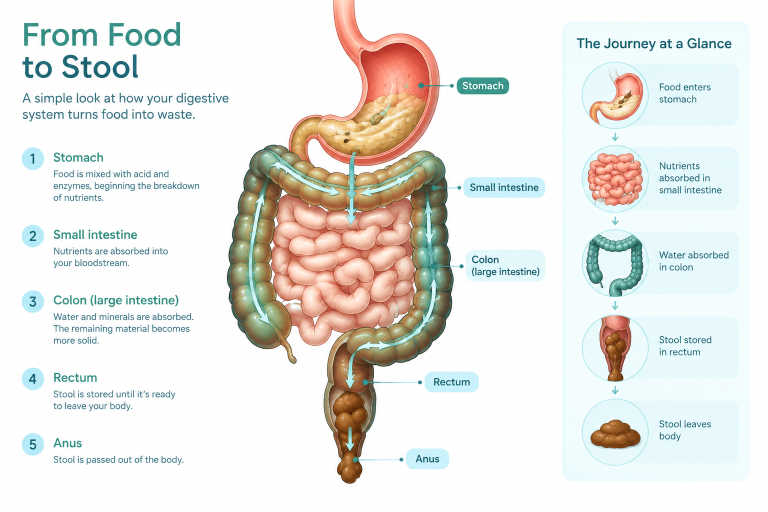 Digestive system pathway showing how bowel movements form