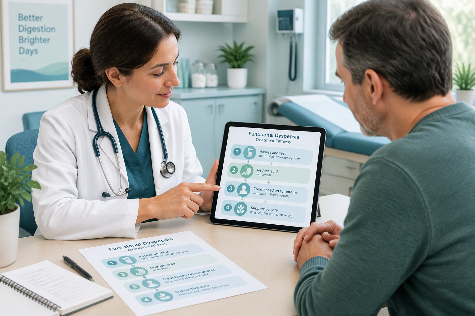 Clinician and patient reviewing a functional dyspepsia treatment plan