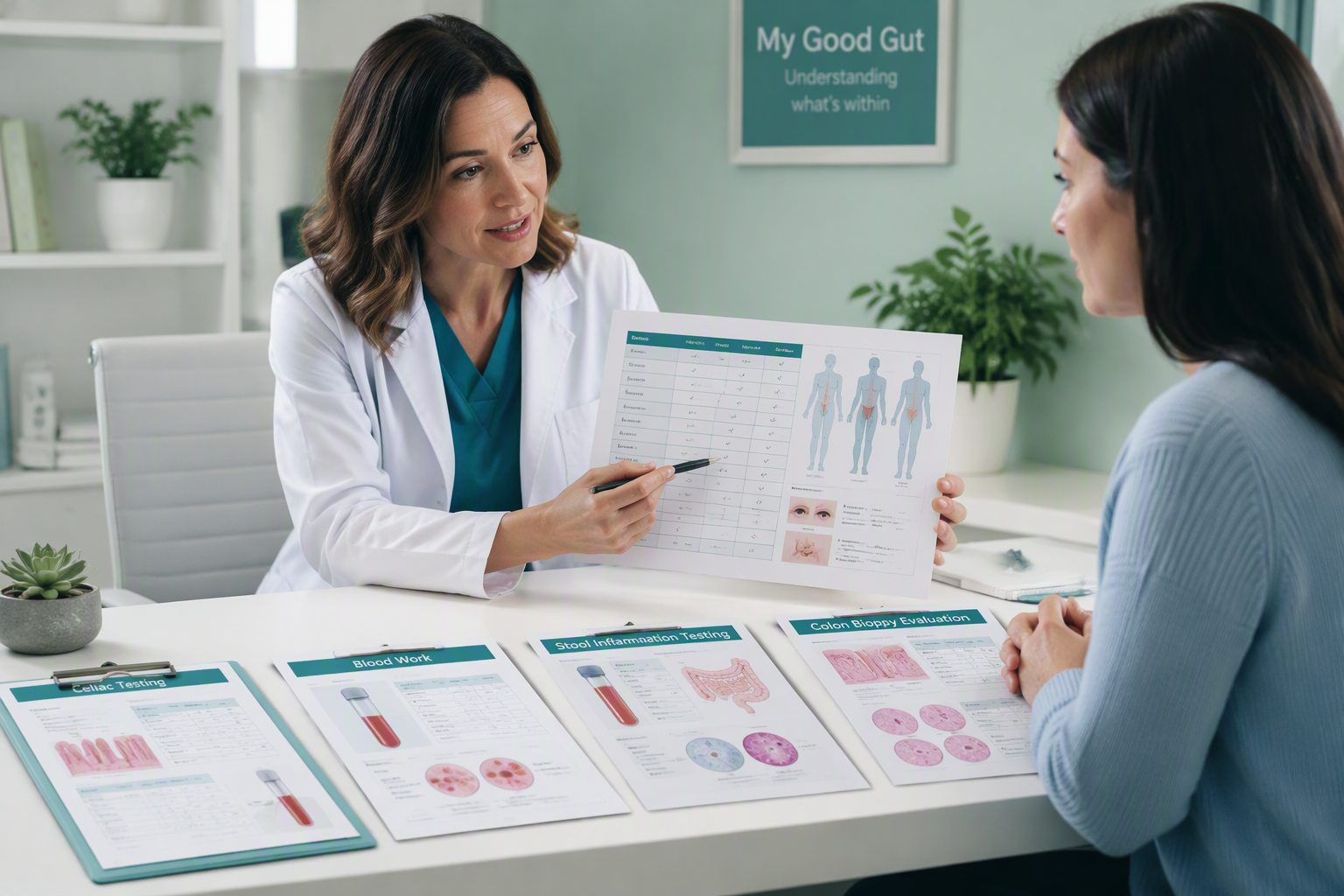 Clinician reviewing autoimmune conditions that can mimic IBS and the tests used for diagnosis