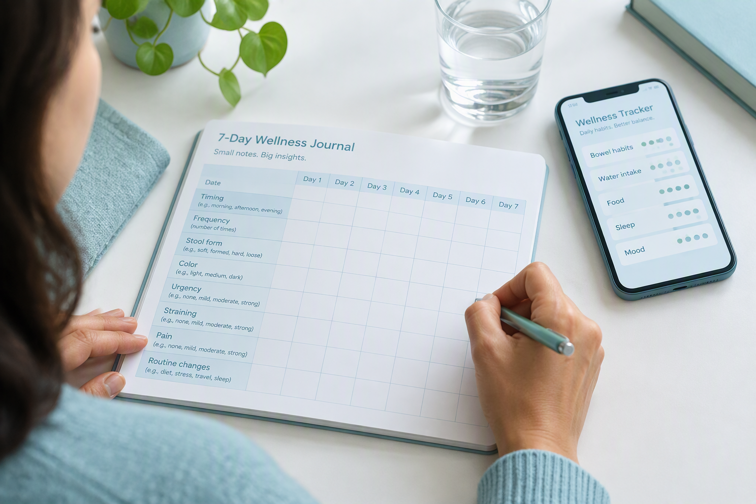 Seven-day bowel movement tracking journal for stool changes and symptoms