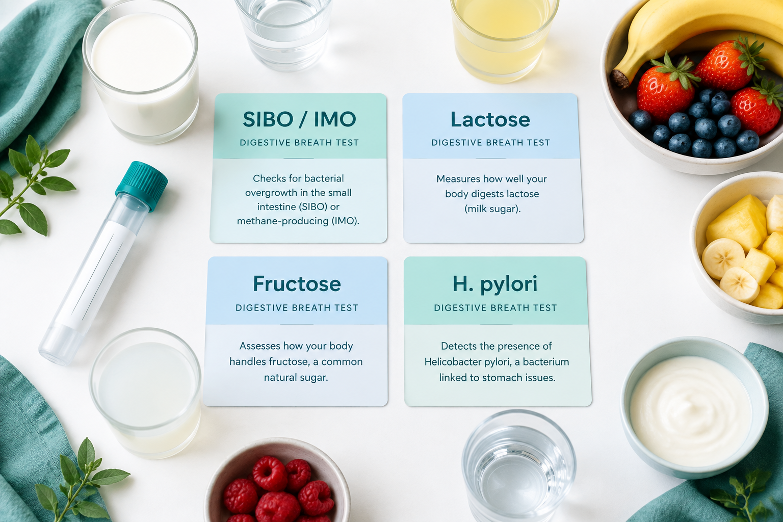 Digestive breath test types for SIBO, lactose, fructose, and H. pylori