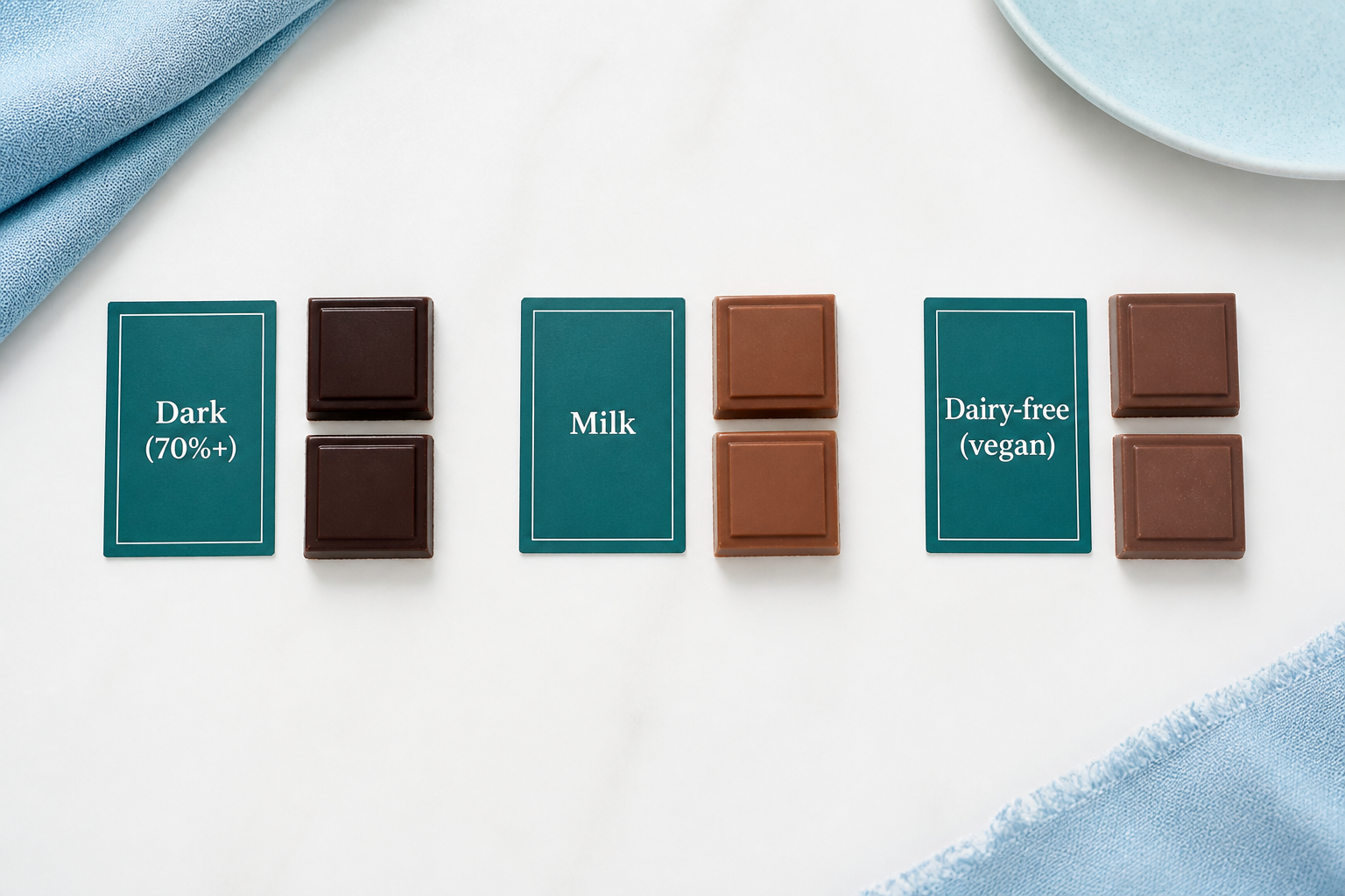 Three labeled chocolate samples: dark, milk, and dairy-free for IBS tolerance comparison