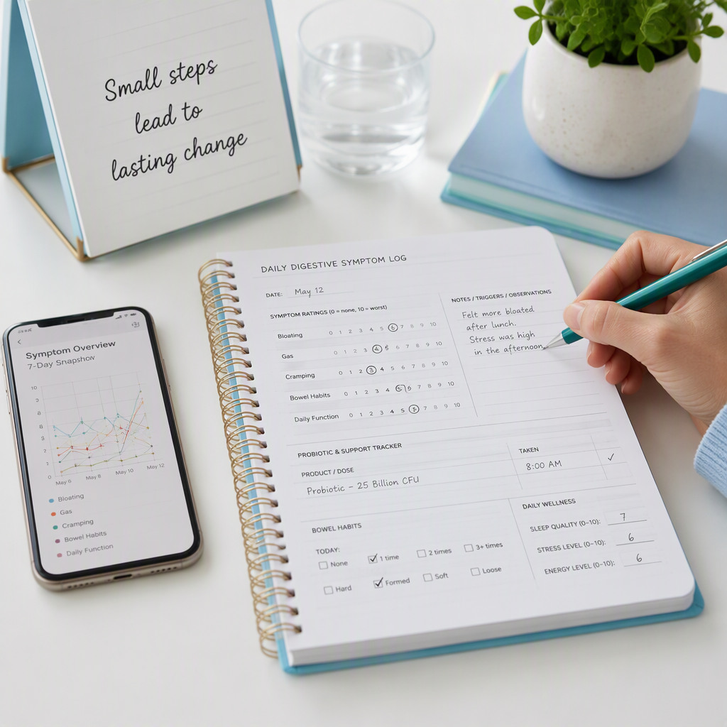 Daily probiotic symptom log tracking bloating, gas, cramping, and bowel habits