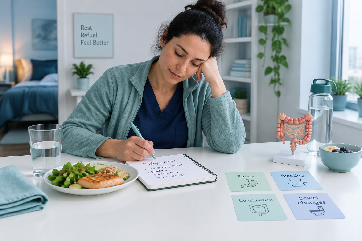 Night-shift digestive symptoms including reflux, bloating, constipation, and bowel changes
