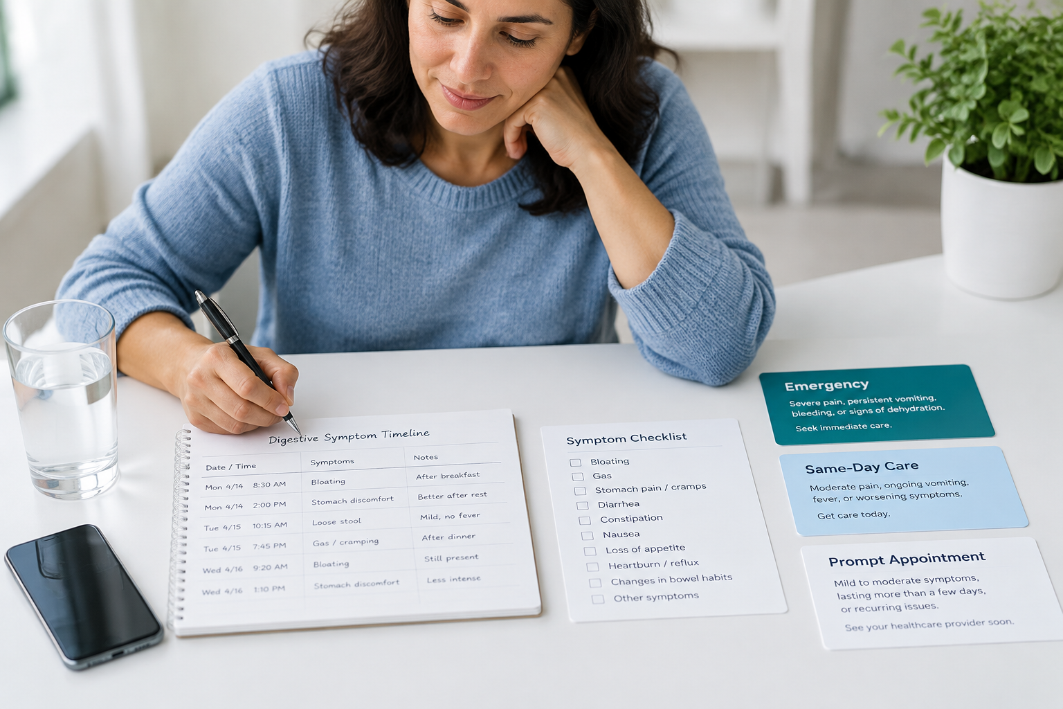 Digestive red flag symptoms organized by emergency, same-day, and prompt medical care