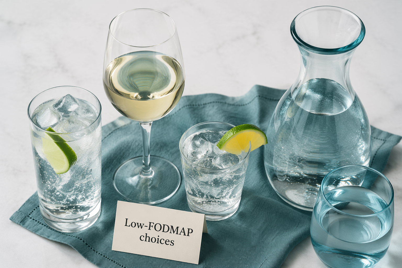 Low-FODMAP drink options: vodka soda, dry wine, tequila with soda for IBS guidance