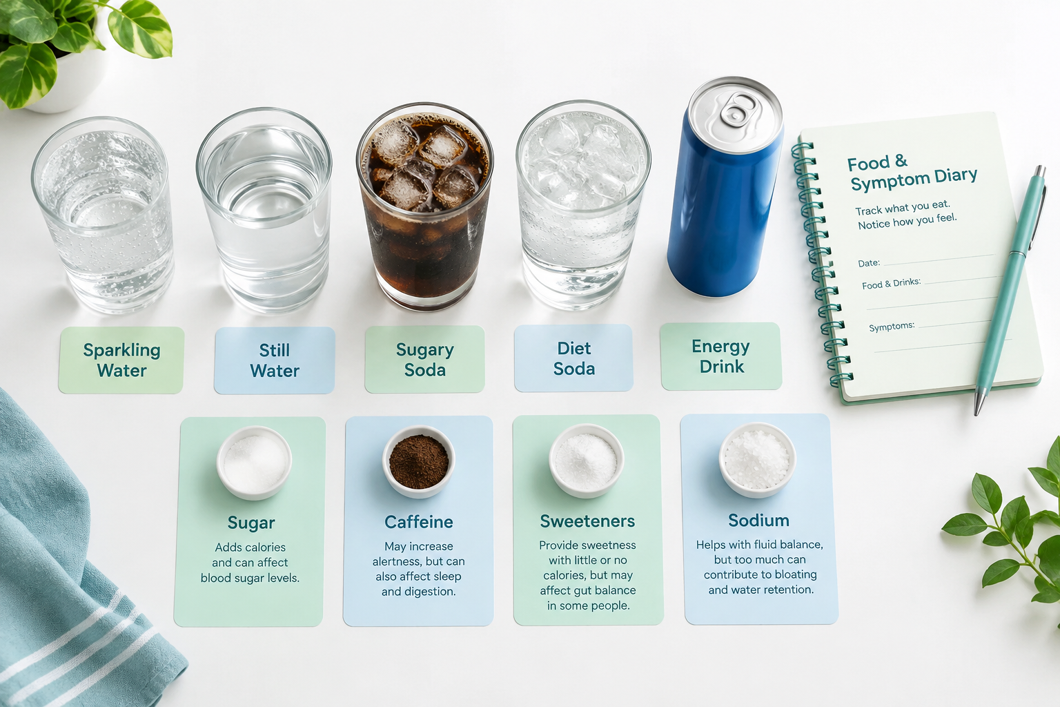 Beverage comparison for carbonated drinks, sugar, caffeine, sweeteners, and IBS