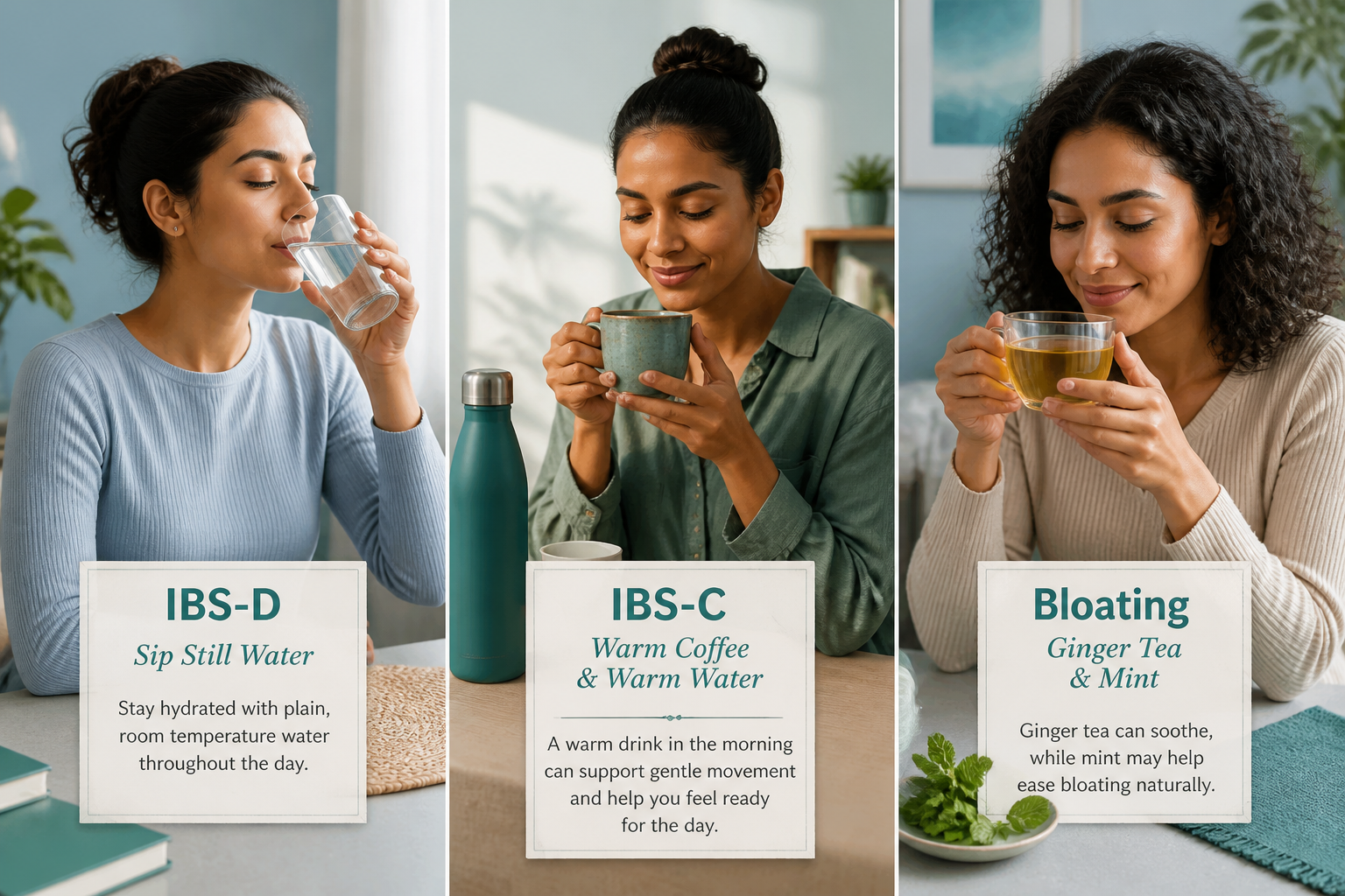 Three-panel image: water for IBS-D, warm coffee for IBS-C, ginger tea for bloating