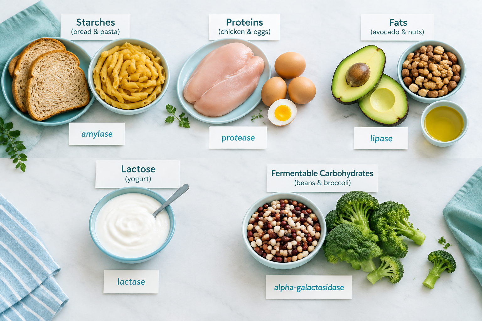Foods matched with amylase, protease, lipase, lactase, and other digestive enzymes