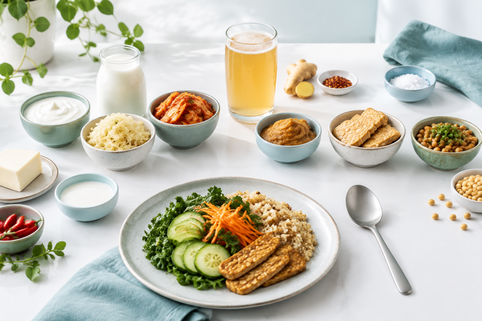 Small portions of fermented foods for gut health, including yogurt, kefir, kimchi, and tempeh