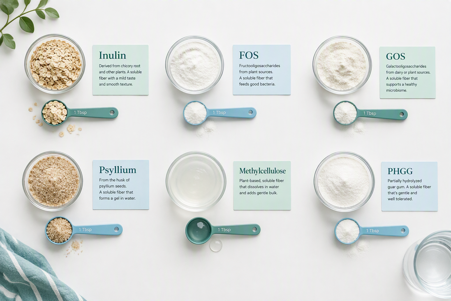 Fiber types comparison showing inulin, psyllium, methylcellulose, and PHGG