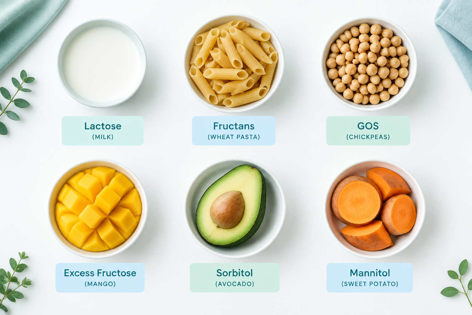 Plain FODMAP challenge foods representing lactose, fructans, GOS, and polyols