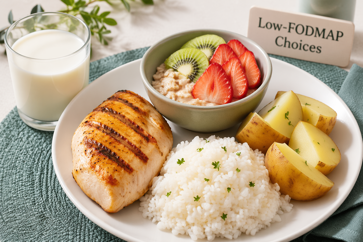 Plate of low-FODMAP foods: chicken, rice, oats, kiwi and lactose-free milk
